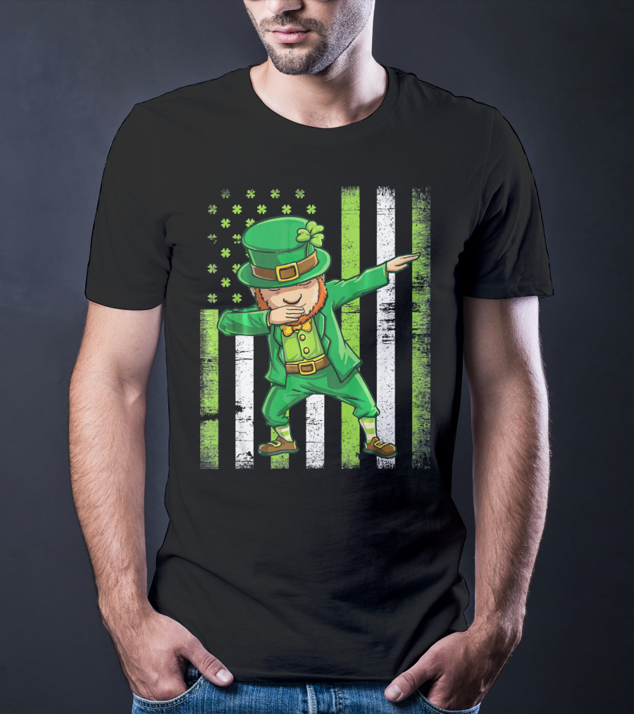 Leprechaun Dabbing With Shamrock Irish Flag Stripes T-Shirt