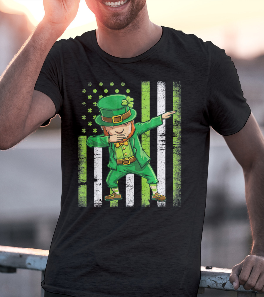 Leprechaun Dabbing With Shamrock Irish Flag Stripes T-Shirt