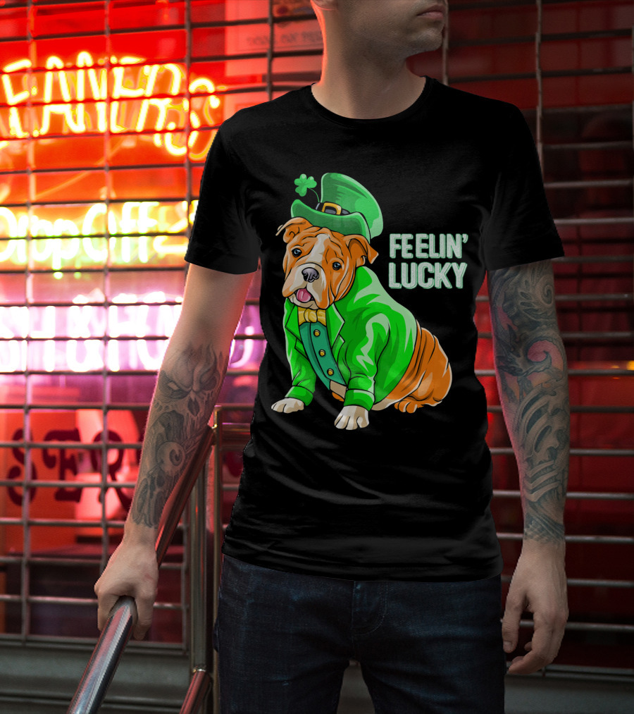 Feelin' Lucky Bulldog In Green Leprechaun T-Shirt