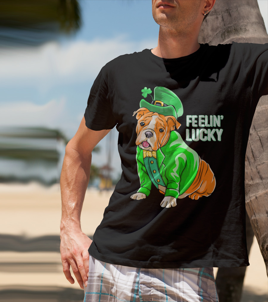 Feelin' Lucky Bulldog In Green Leprechaun T-Shirt