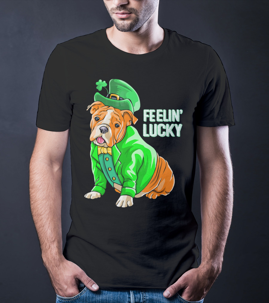 Feelin' Lucky Bulldog In Green Leprechaun T-Shirt