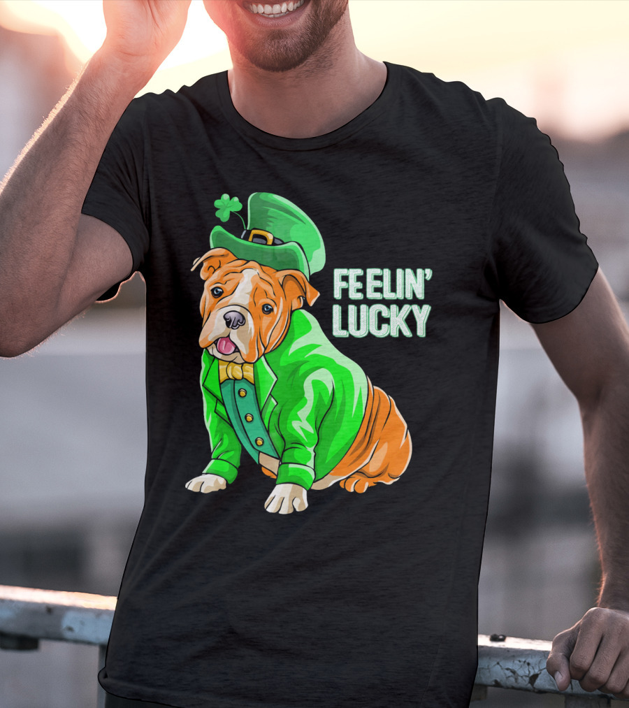 Feelin' Lucky Bulldog In Green Leprechaun T-Shirt