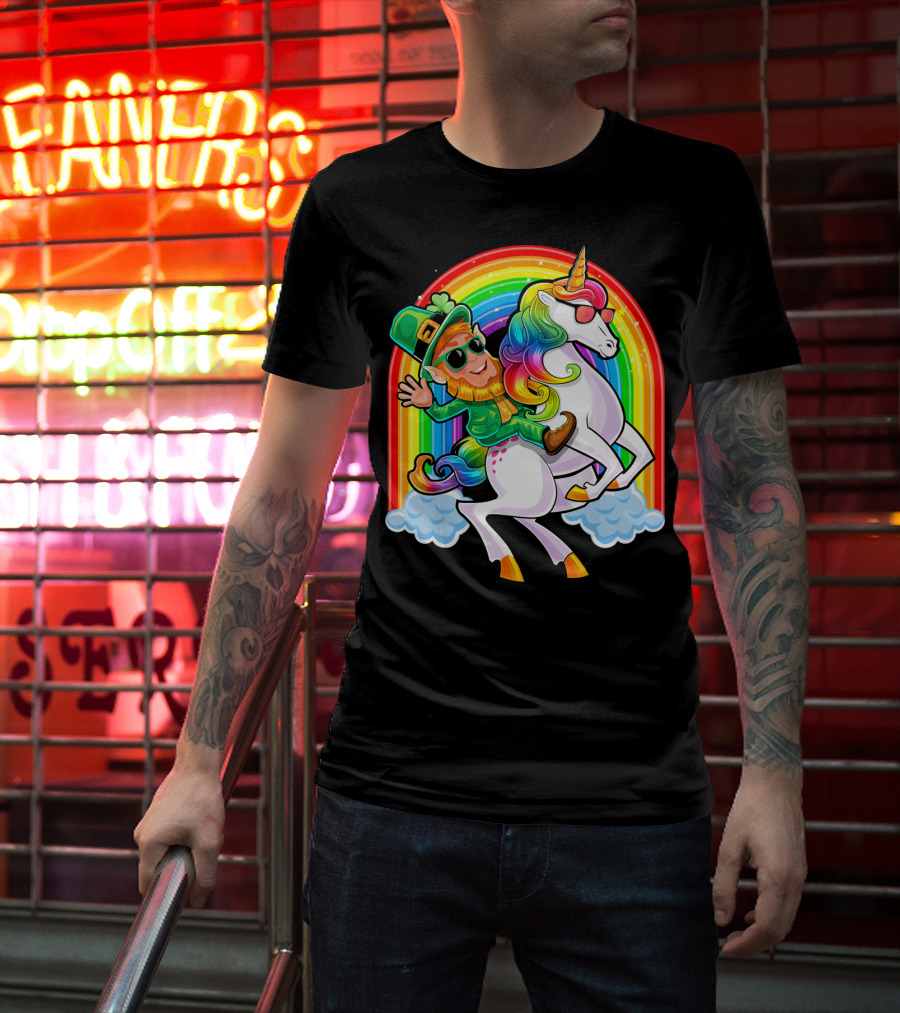 St Patricks Day Rainbow Unicorn And Leprechaun Riding Clouds T-Shirt