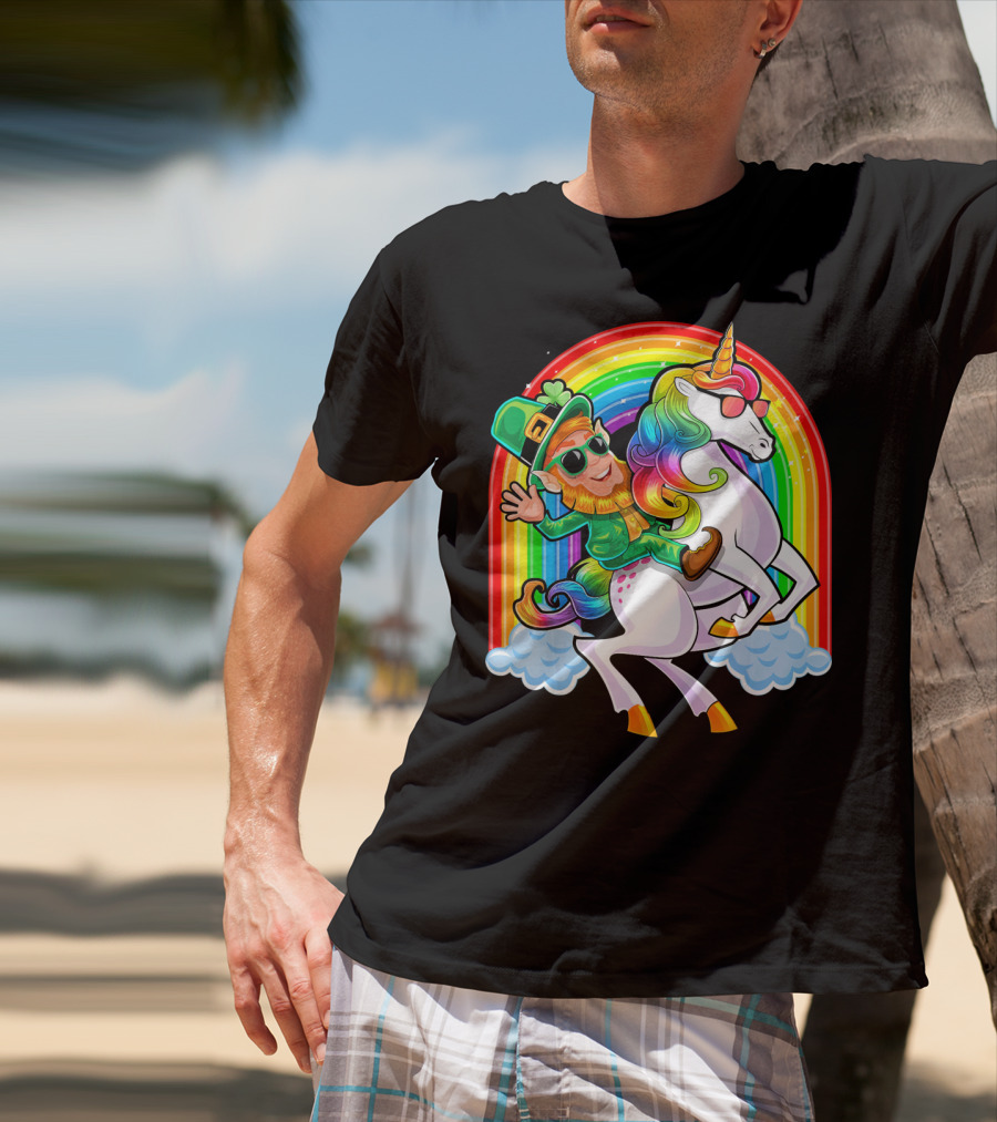 St Patricks Day Rainbow Unicorn And Leprechaun Riding Clouds T-Shirt