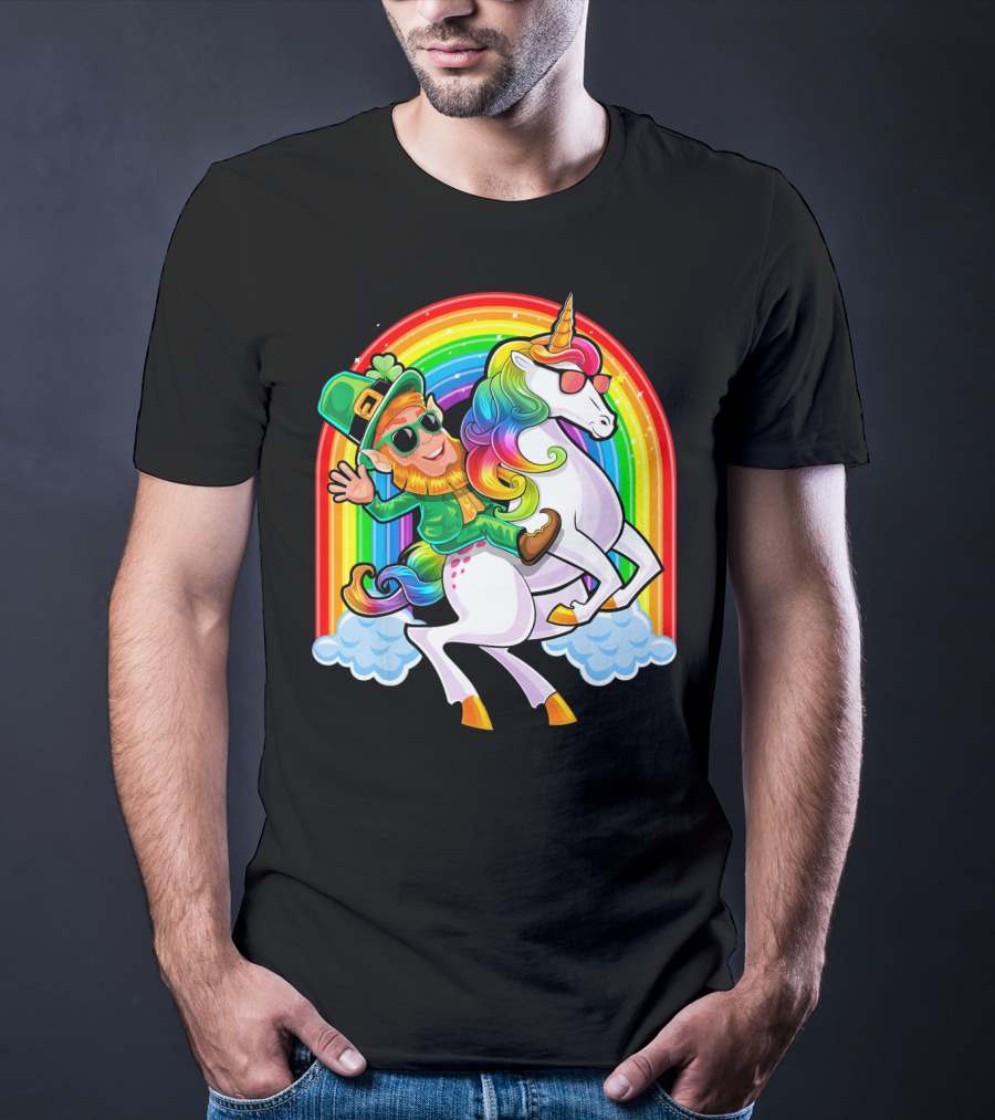 St Patricks Day Rainbow Unicorn And Leprechaun Riding Clouds T-Shirt