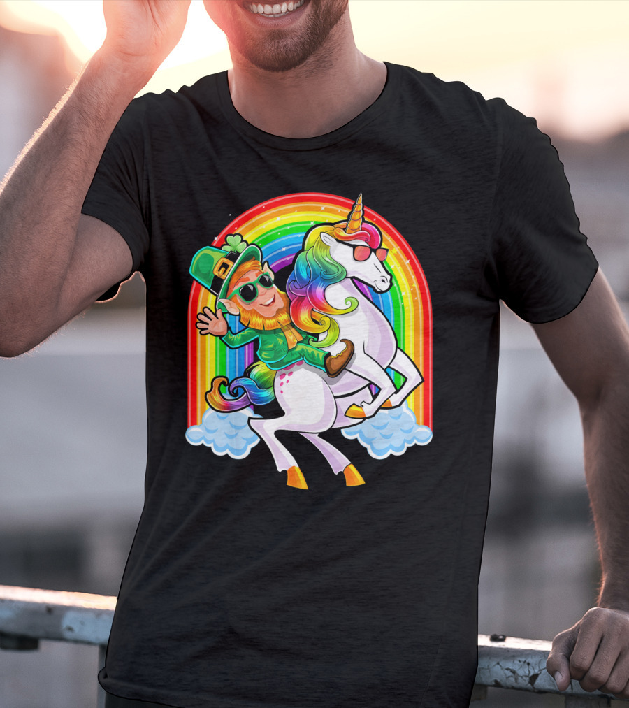 St Patricks Day Rainbow Unicorn And Leprechaun Riding Clouds T-Shirt