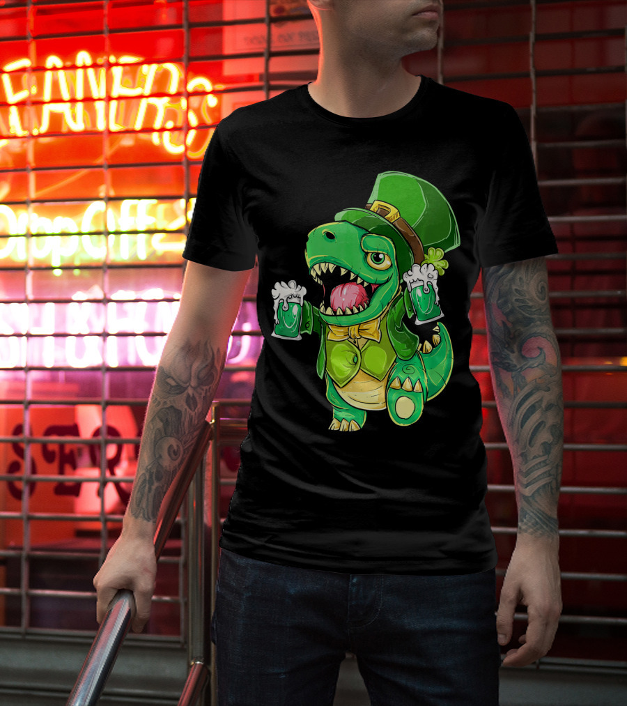 St Patricks Day Irish Dinosaur Holding Two Beers In Green Outfit And Hat T-Shirt