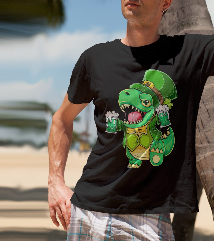 St Patricks Day Irish Dinosaur Holding Two Beers In Green Outfit And Hat T-Shirt