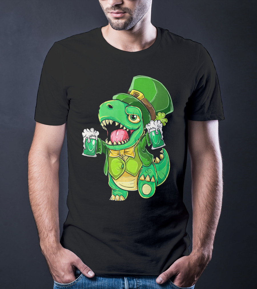 St Patricks Day Irish Dinosaur Holding Two Beers In Green Outfit And Hat T-Shirt