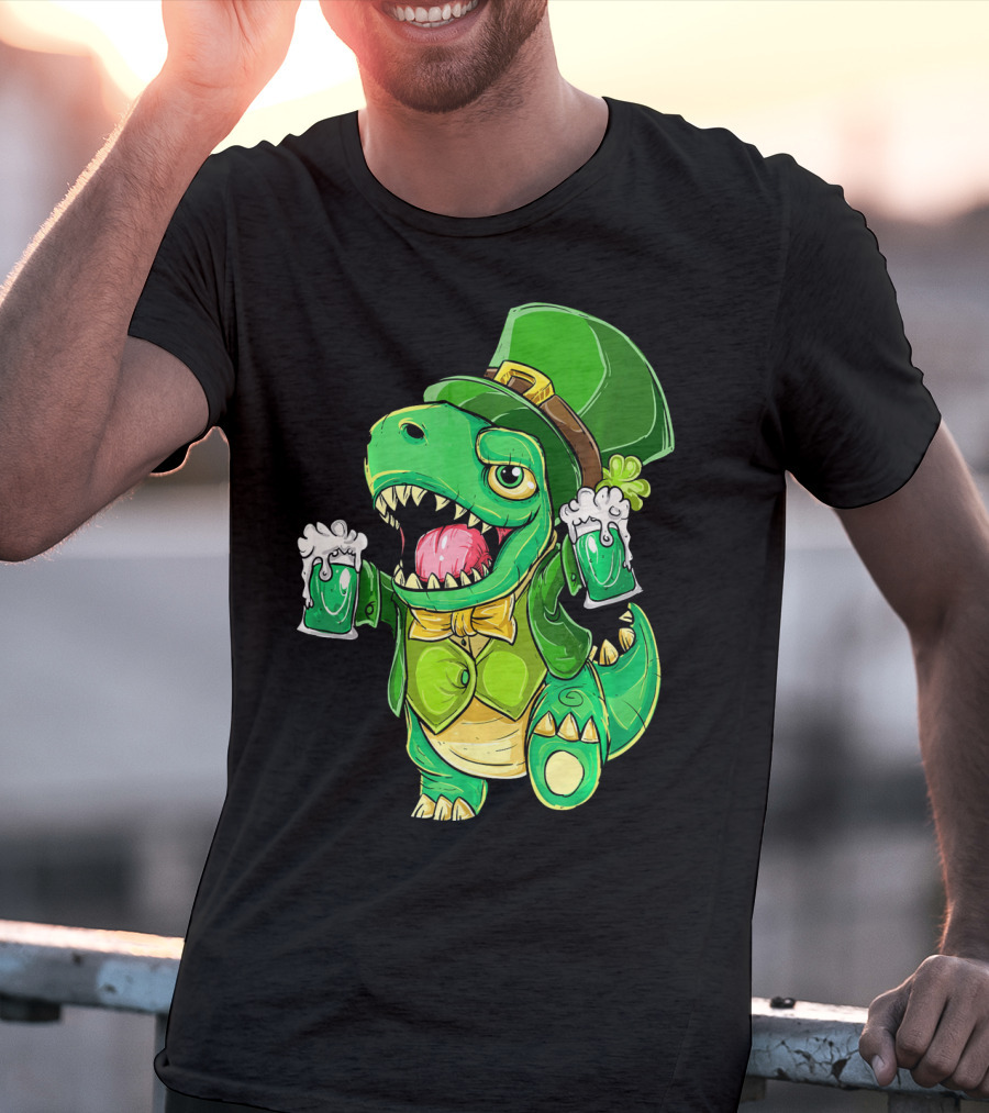 St Patricks Day Irish Dinosaur Holding Two Beers In Green Outfit And Hat T-Shirt