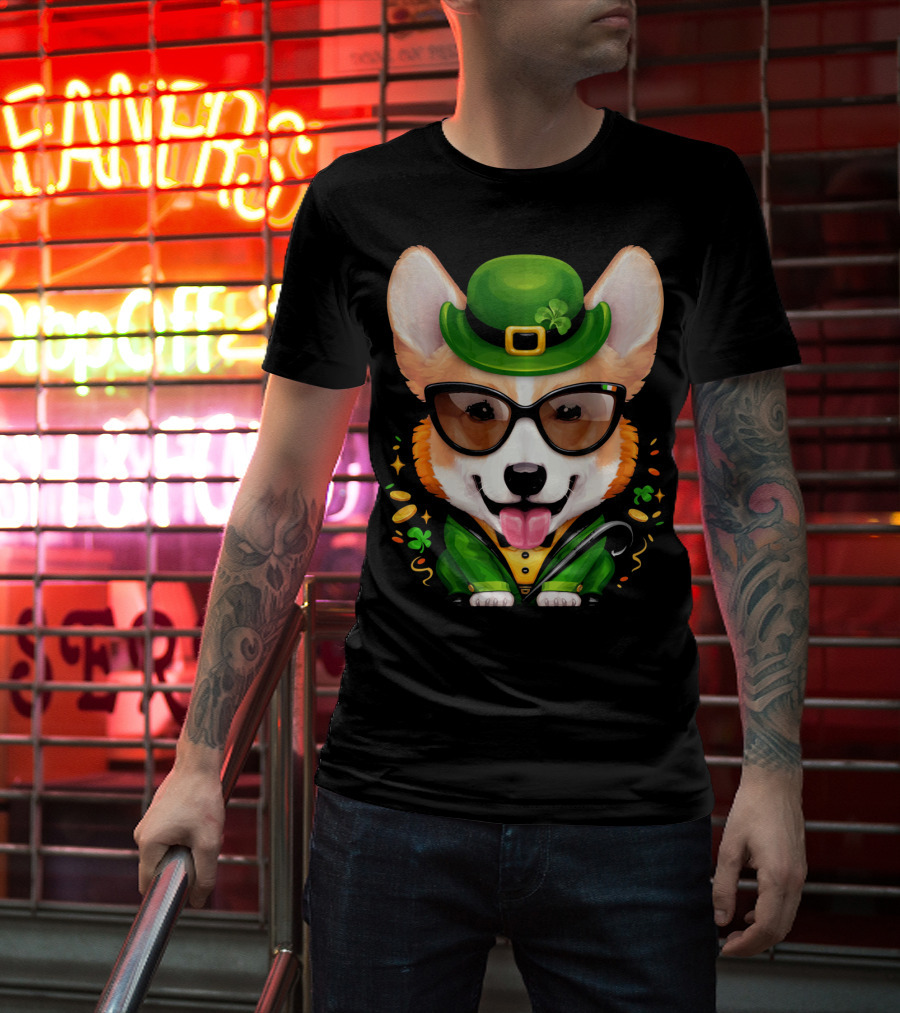 Welsh Corgi In Leprechaun Outfit With Sunglasses And Shamrocks T-Shirt