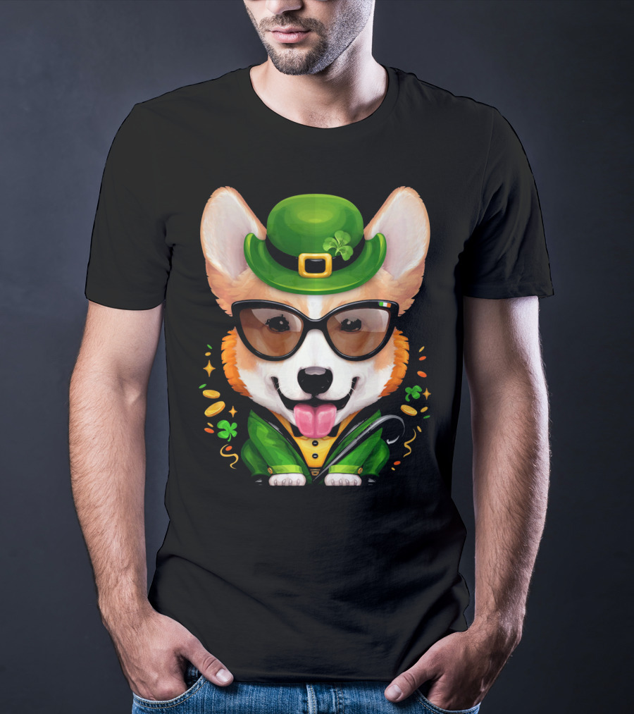 Welsh Corgi In Leprechaun Outfit With Sunglasses And Shamrocks T-Shirt