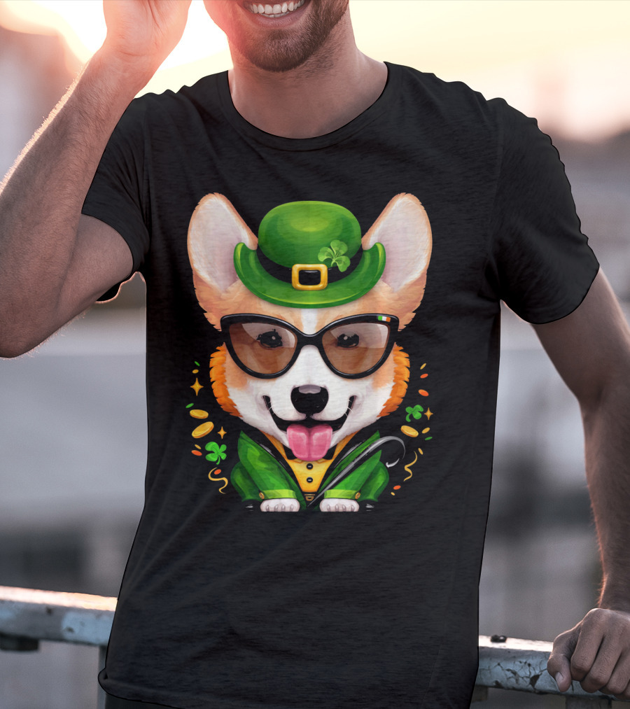 Welsh Corgi In Leprechaun Outfit With Sunglasses And Shamrocks T-Shirt