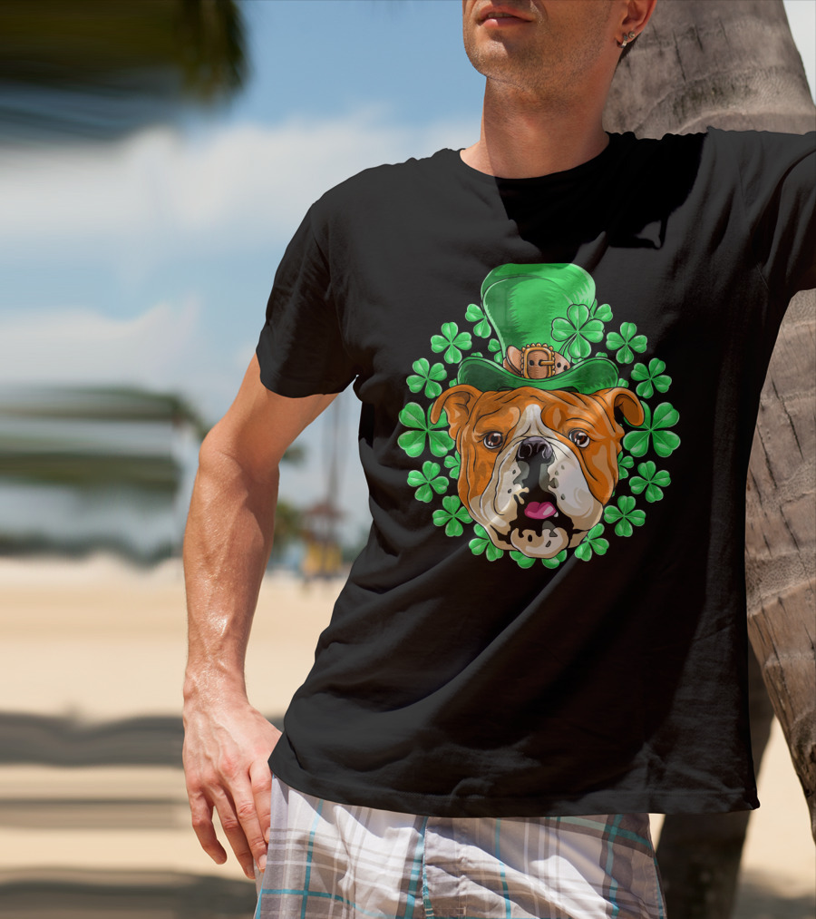 English Bulldog In Leprechaun Hat With Clover Background T-Shirt