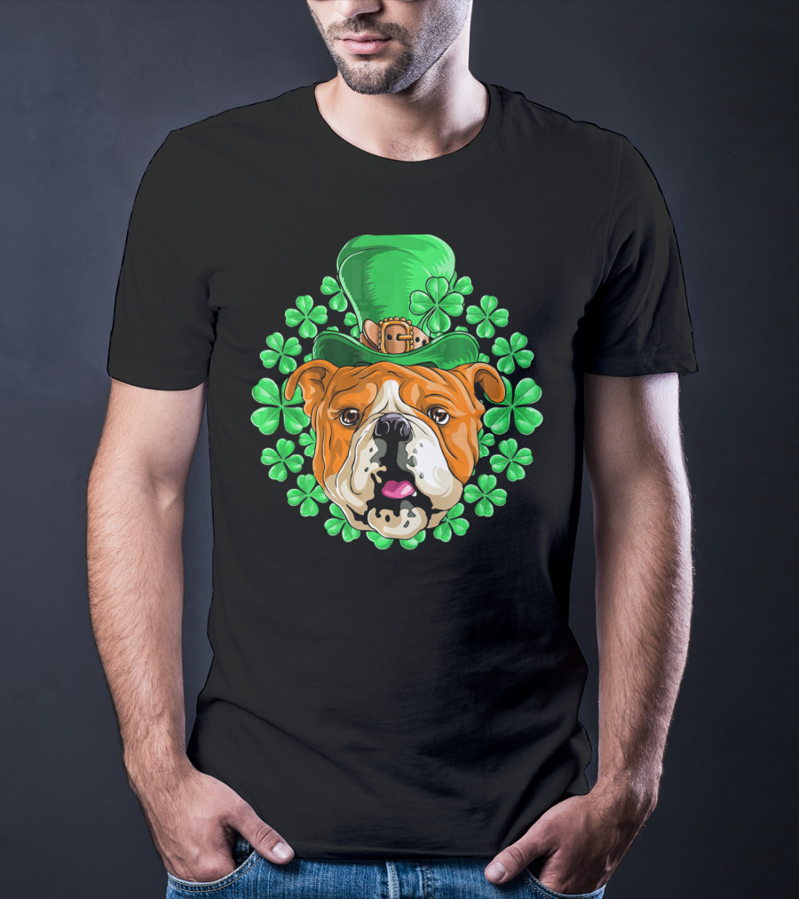 English Bulldog In Leprechaun Hat With Clover Background T-Shirt