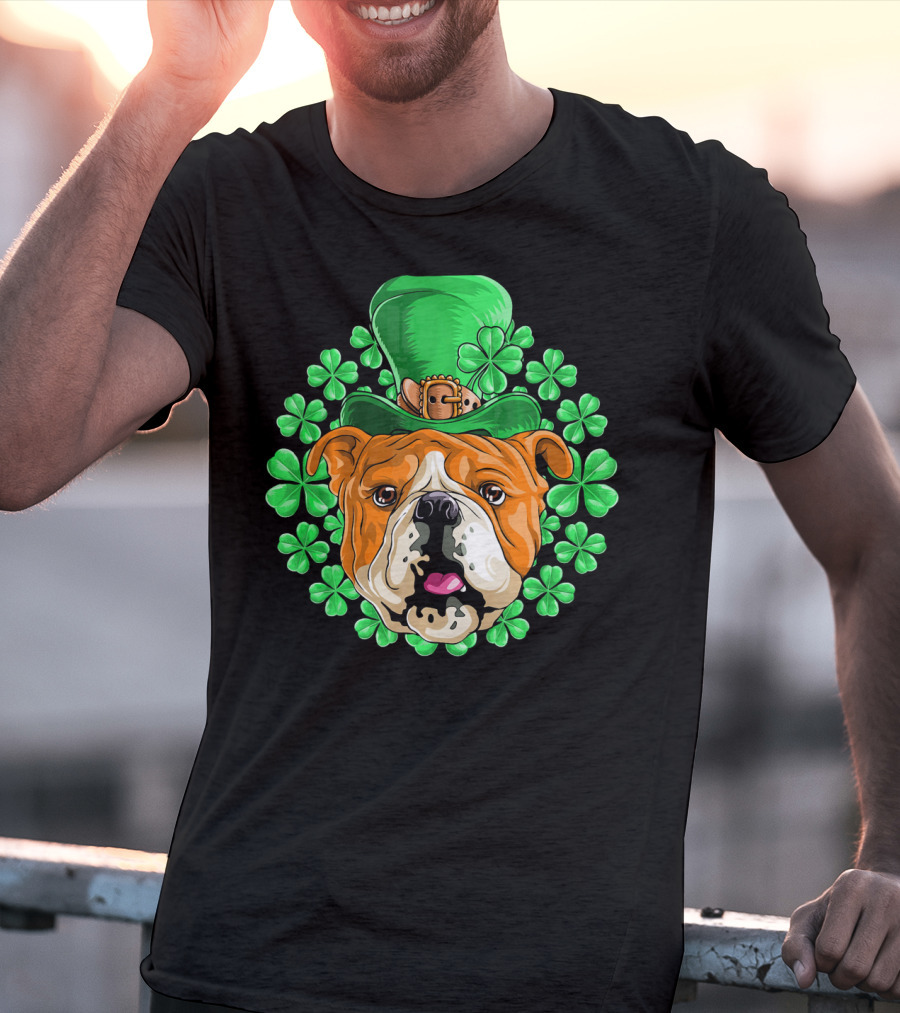 English Bulldog In Leprechaun Hat With Clover Background T-Shirt