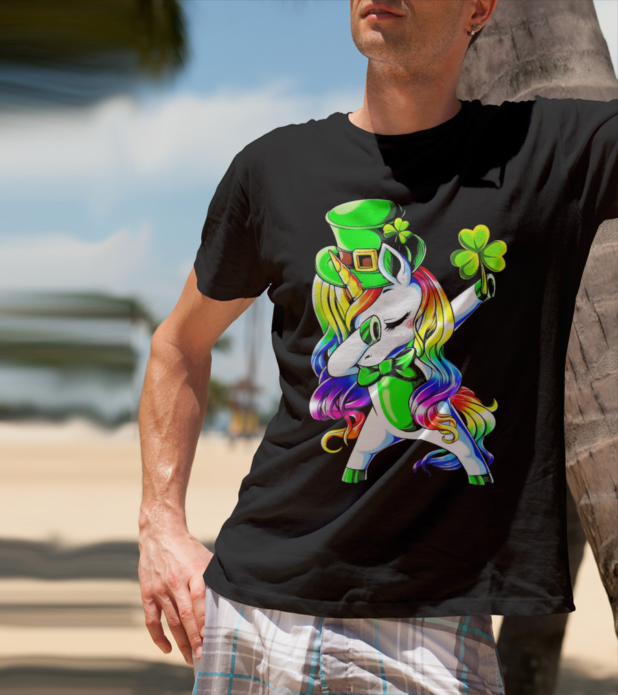 Dabbing Unicorn With Rainbow Mane And Shamrock Hat T-Shirt