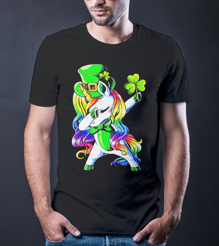 Dabbing Unicorn With Rainbow Mane And Shamrock Hat T-Shirt