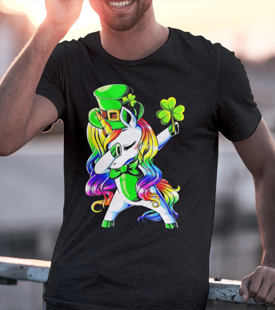 Dabbing Unicorn With Rainbow Mane And Shamrock Hat T-Shirt