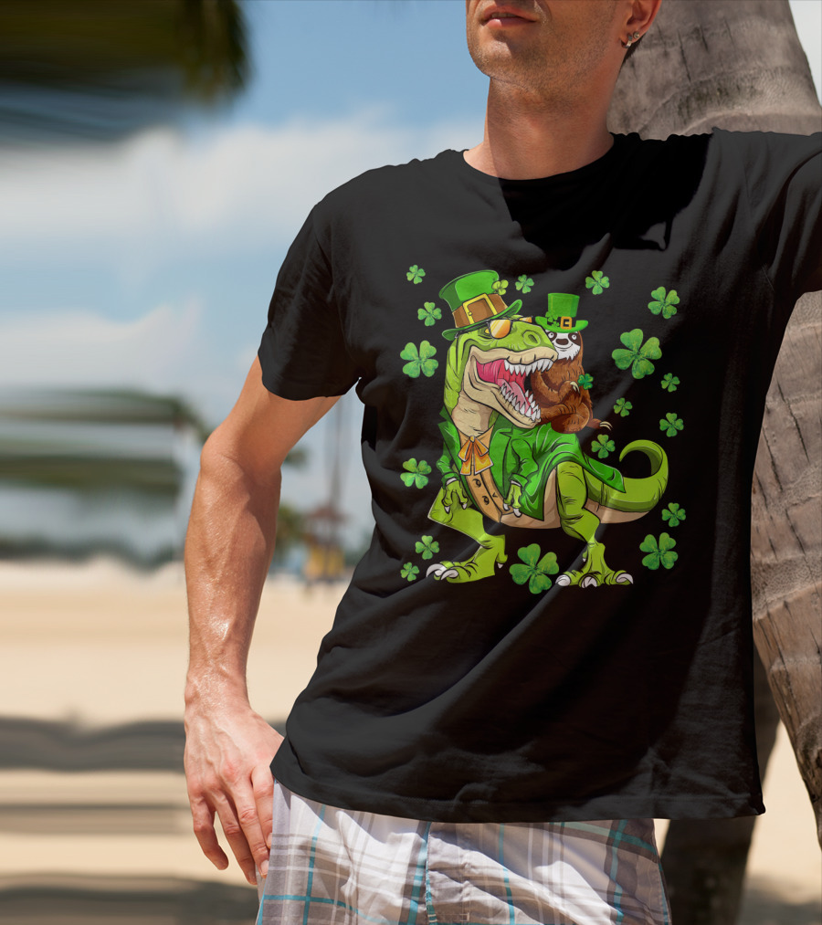 Leprechaun Sloth With Shamrocks Riding Dinosaur Rex In Green Attire T-Shirt