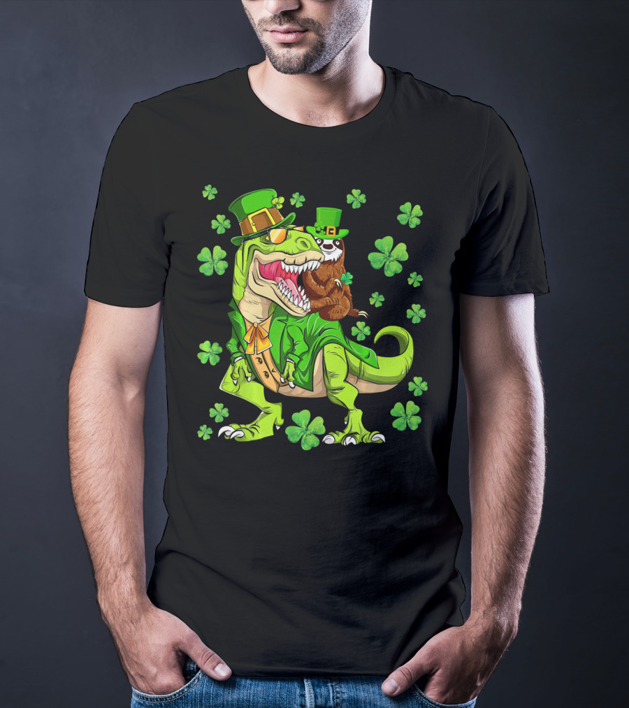 Leprechaun Sloth With Shamrocks Riding Dinosaur Rex In Green Attire T-Shirt