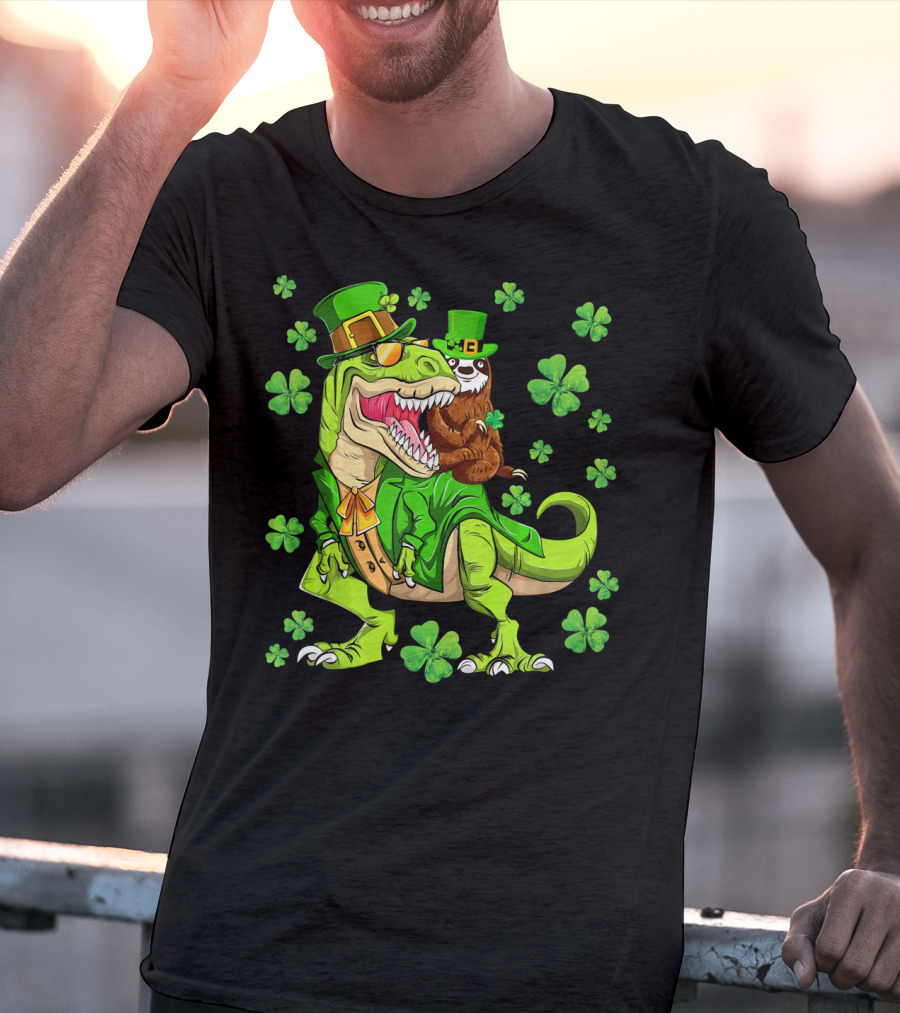 Leprechaun Sloth With Shamrocks Riding Dinosaur Rex In Green Attire T-Shirt