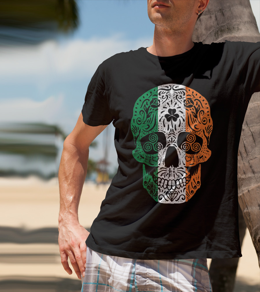 Irish Flag Sugar Skull Shamrock St Patricks T-Shirt