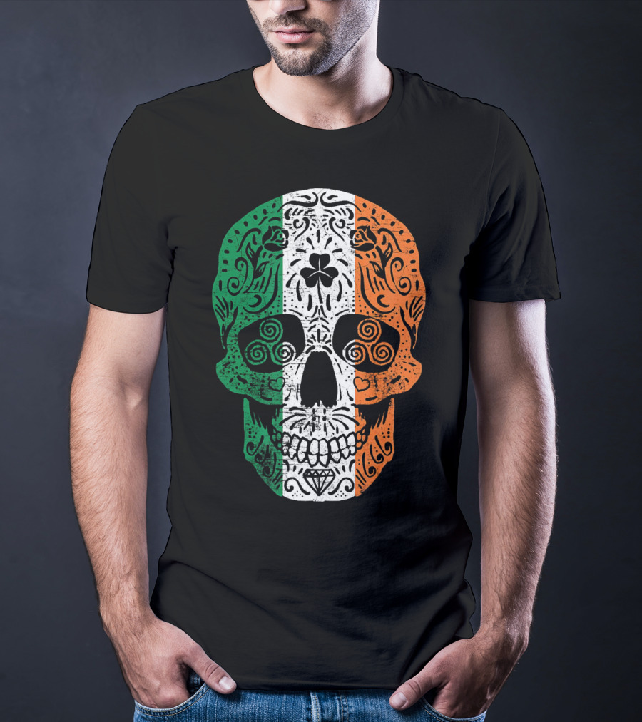 Irish Flag Sugar Skull Shamrock St Patricks T-Shirt