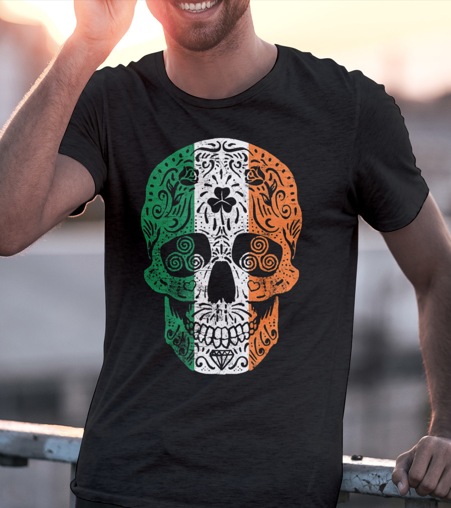 Irish Flag Sugar Skull Shamrock St Patricks T-Shirt