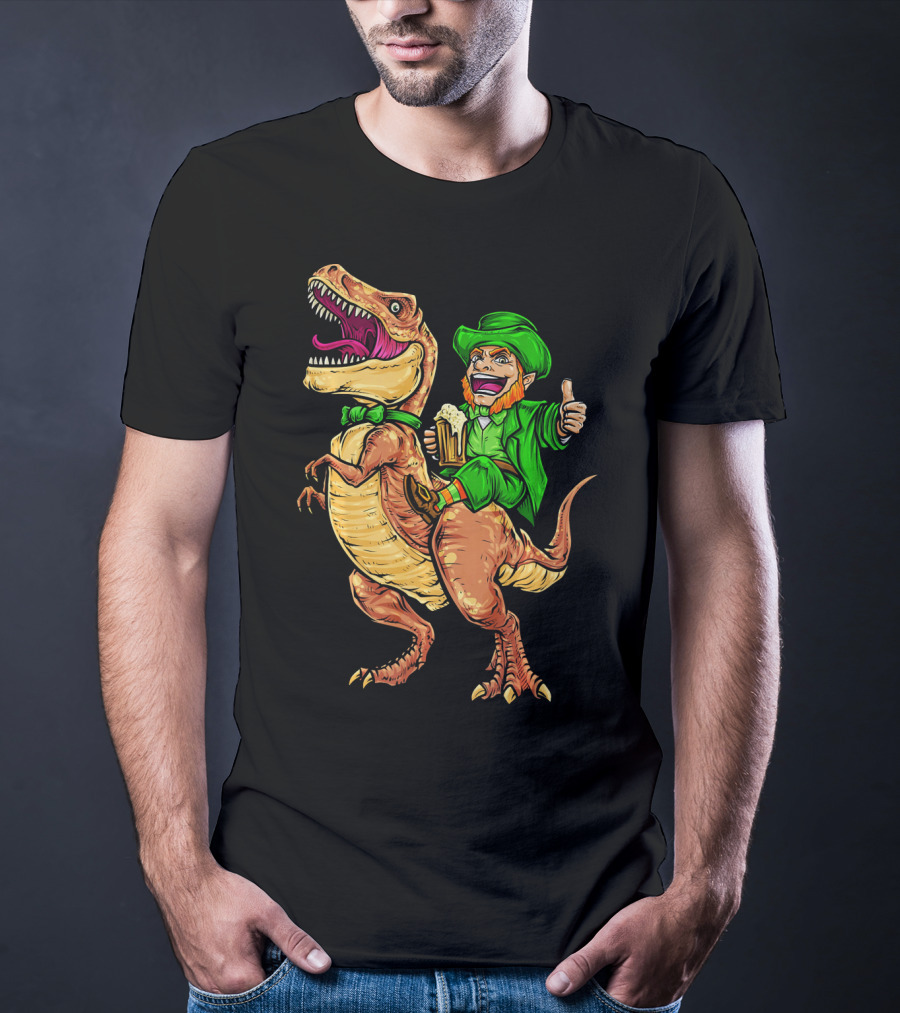 St. Patricks Day Lucky Leprechaun Riding Dinosaur With Beer T-Shirt