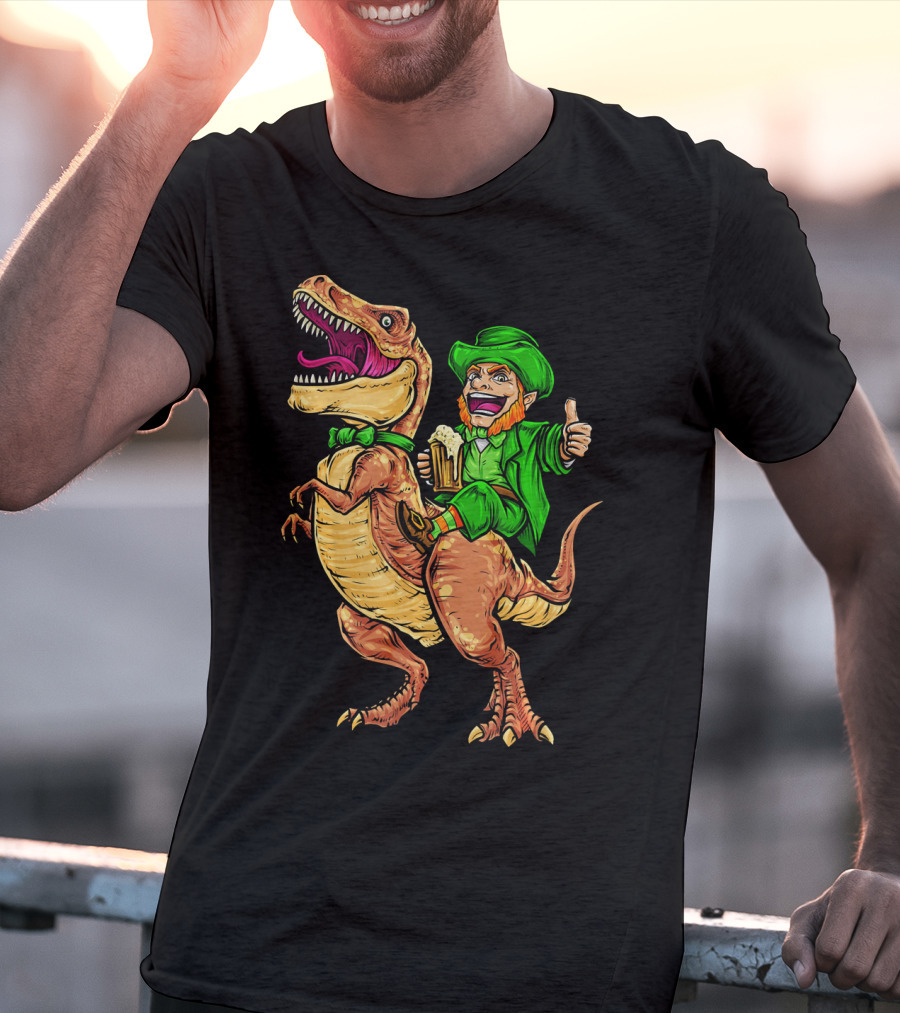 St. Patricks Day Lucky Leprechaun Riding Dinosaur With Beer T-Shirt