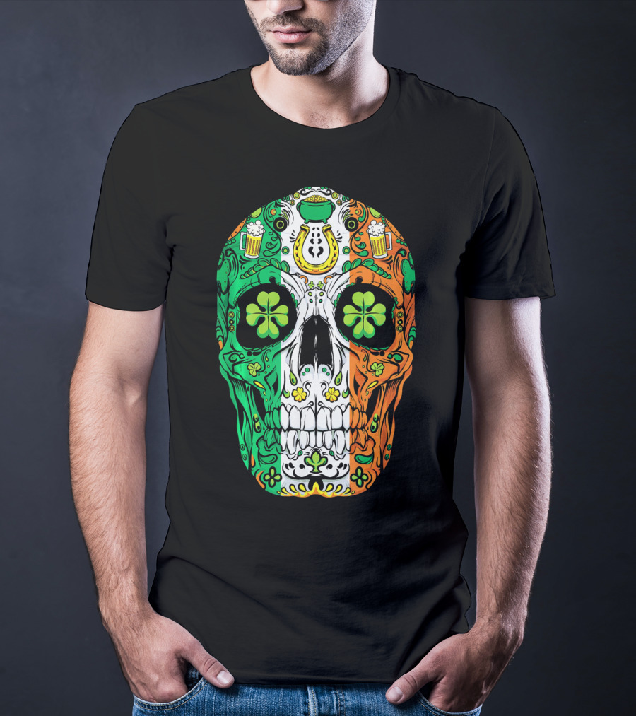 Sugar Skull Irish Leprechaun Shamrock St Patrick's Day T-Shirt