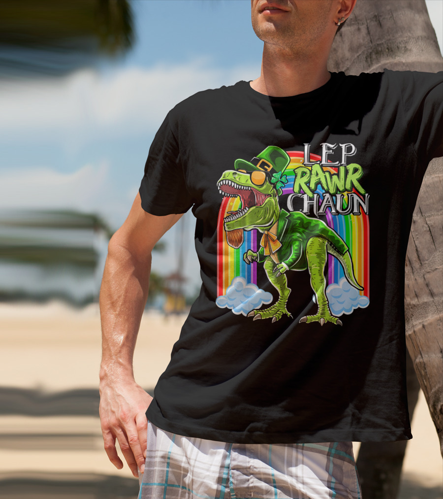 Leprawrchaun St. Patrick Day Rex Rainbow Dinosaur T-Shirt