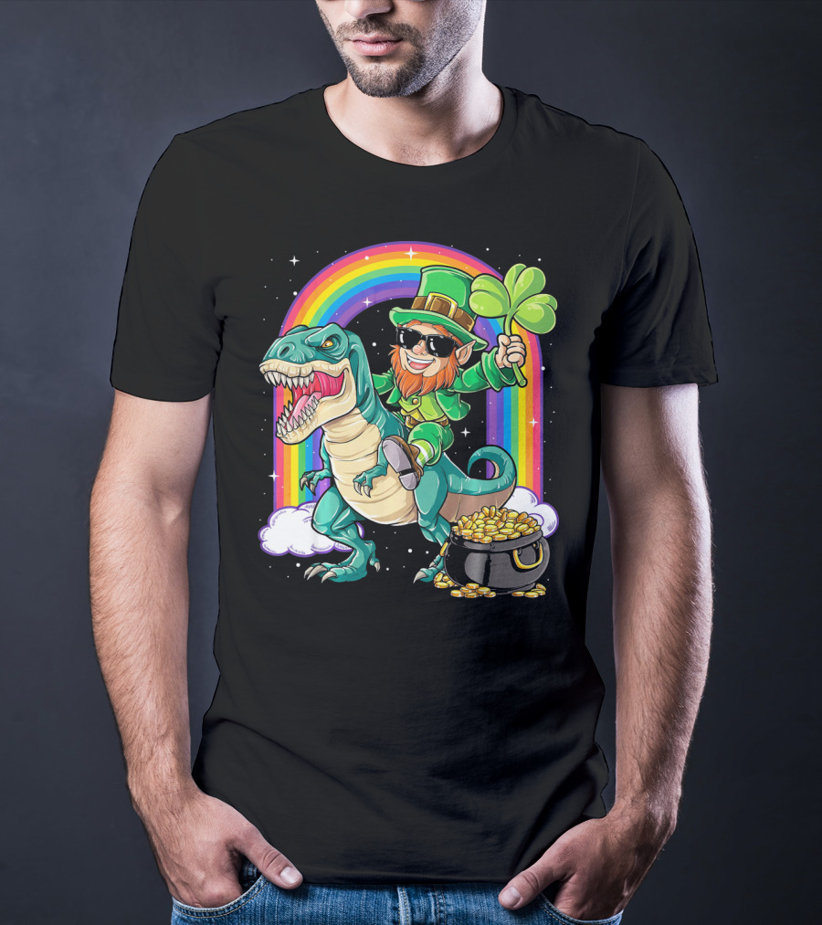 Leprechaun Riding Dinosaur T-Rex Shamrock Rainbow Pot Of Gold St Pat's Day T-Shirt