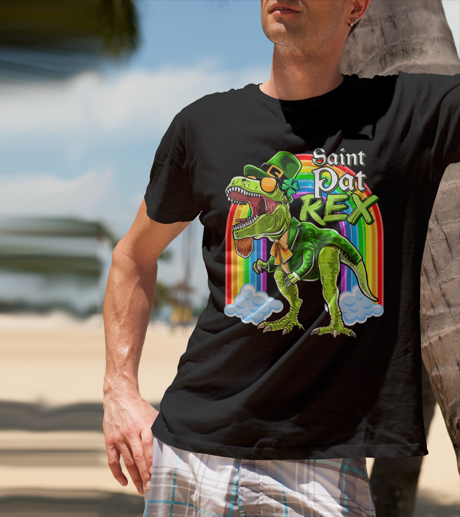 Saint Pat Rex Dinosaur Leprechaun Rainbow T-Shirt