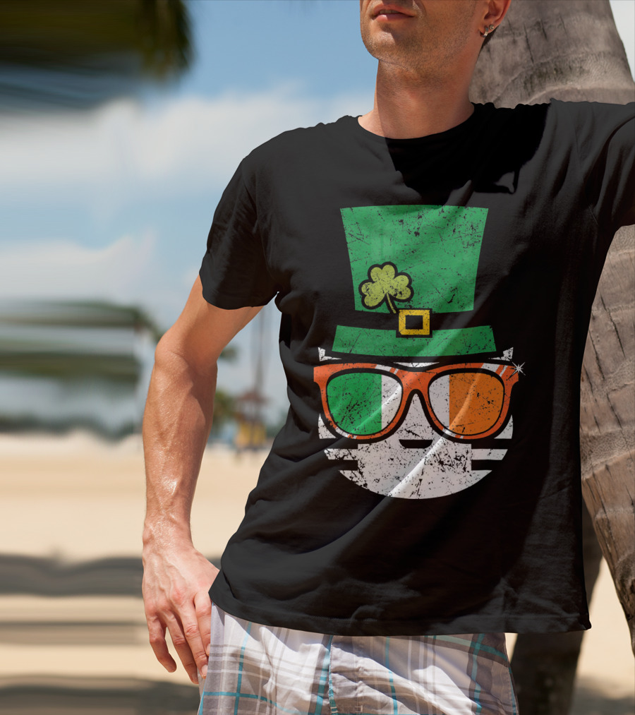 St Patricks Day Irish Cat With Shamrock Hat And Flag Sunglasses T-Shirt