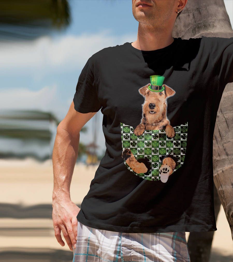 Airedale Terrier Pocket Patrick Hat Green Shamrocks T-Shirt