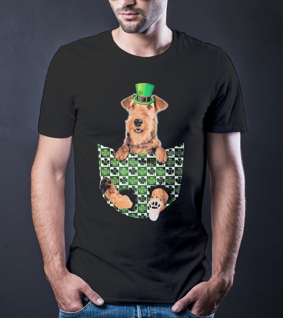 Airedale Terrier Pocket Patrick Hat Green Shamrocks T-Shirt
