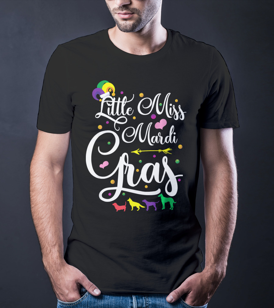 Little Miss Mardi Gras Dogs Hearts Beads Arrow Text T-Shirt