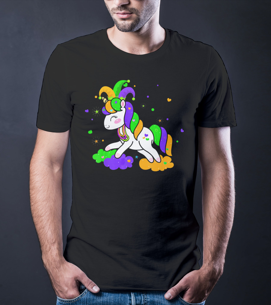 Unicorn Mardi Gras Party Rainbow Mask Beads T-Shirt