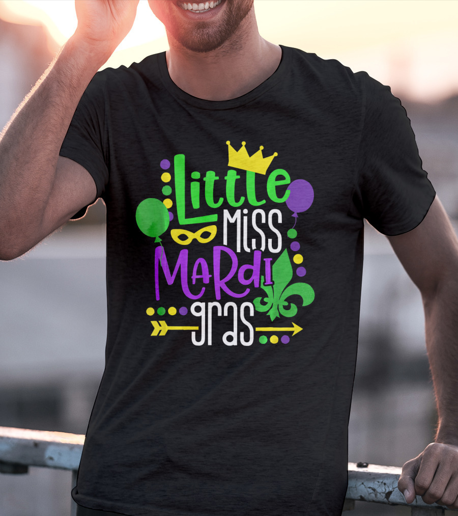 Little Miss Mardi Gras Crown Balloons Mask Fleur De Lis T-Shirt