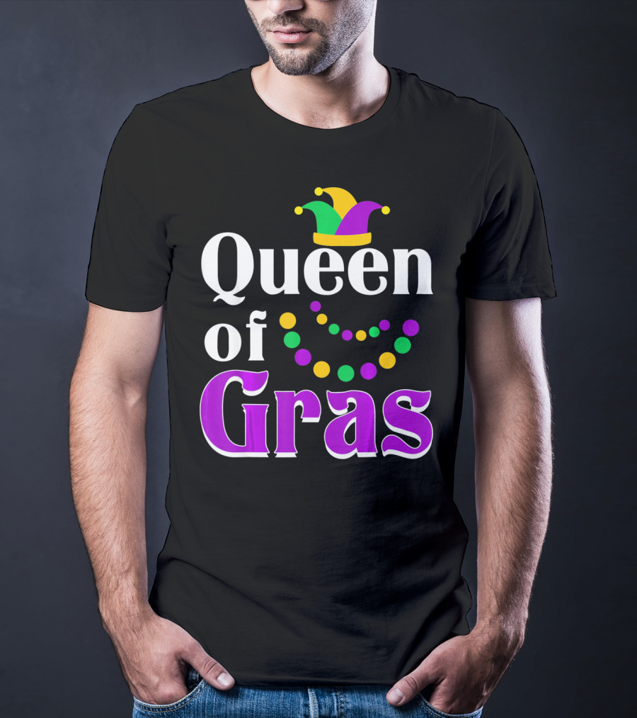 Queen Of Gras Funny Mardi Gras Beads And Jester Hat T-Shirt