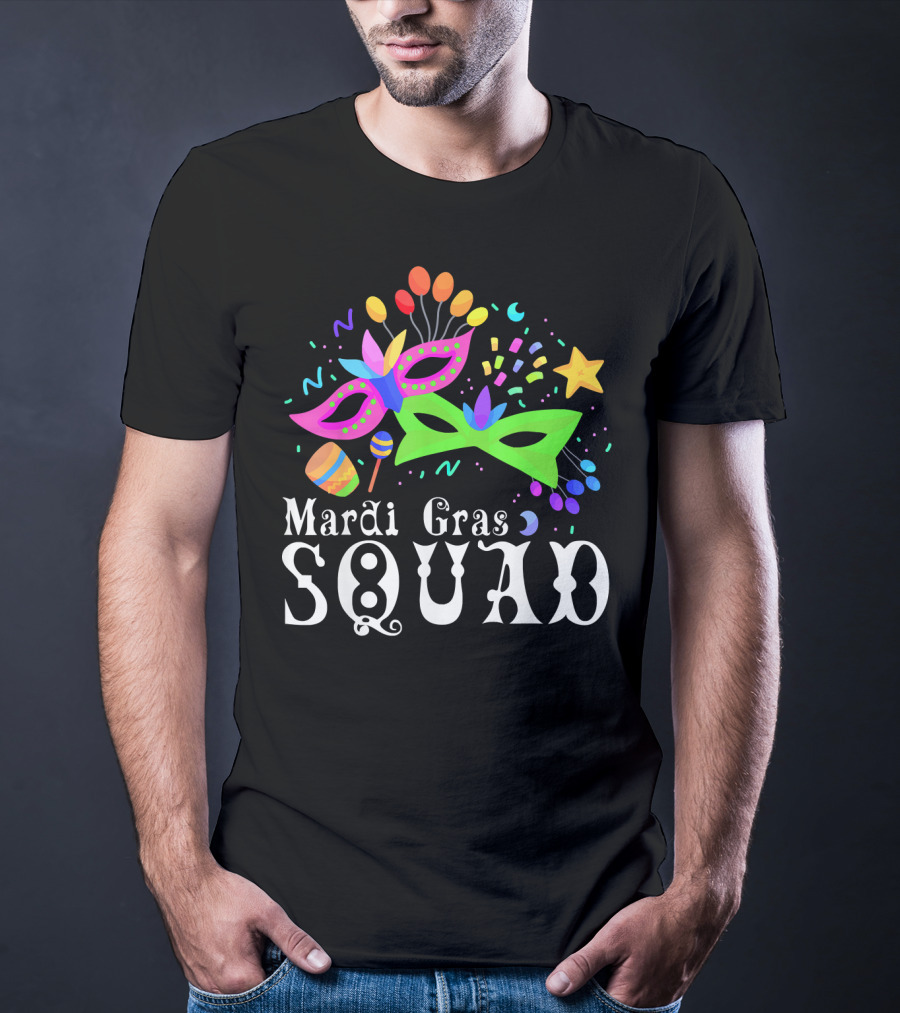 Mardi Gras Squad Mask Beads Confetti Celebration Fun T-Shirt