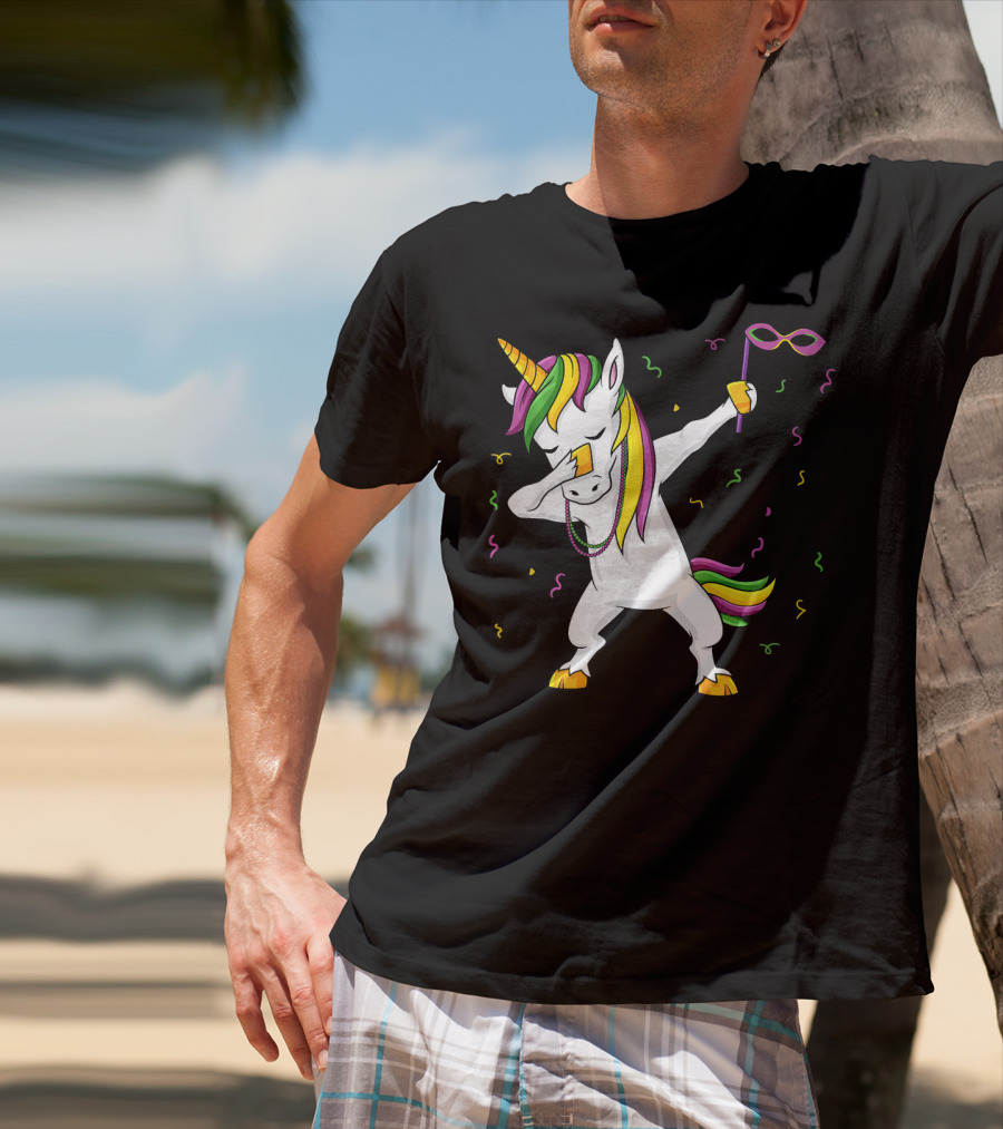 Dabbing Unicorn Mardi Gras Mask Colorful Fun Girls T-Shirt