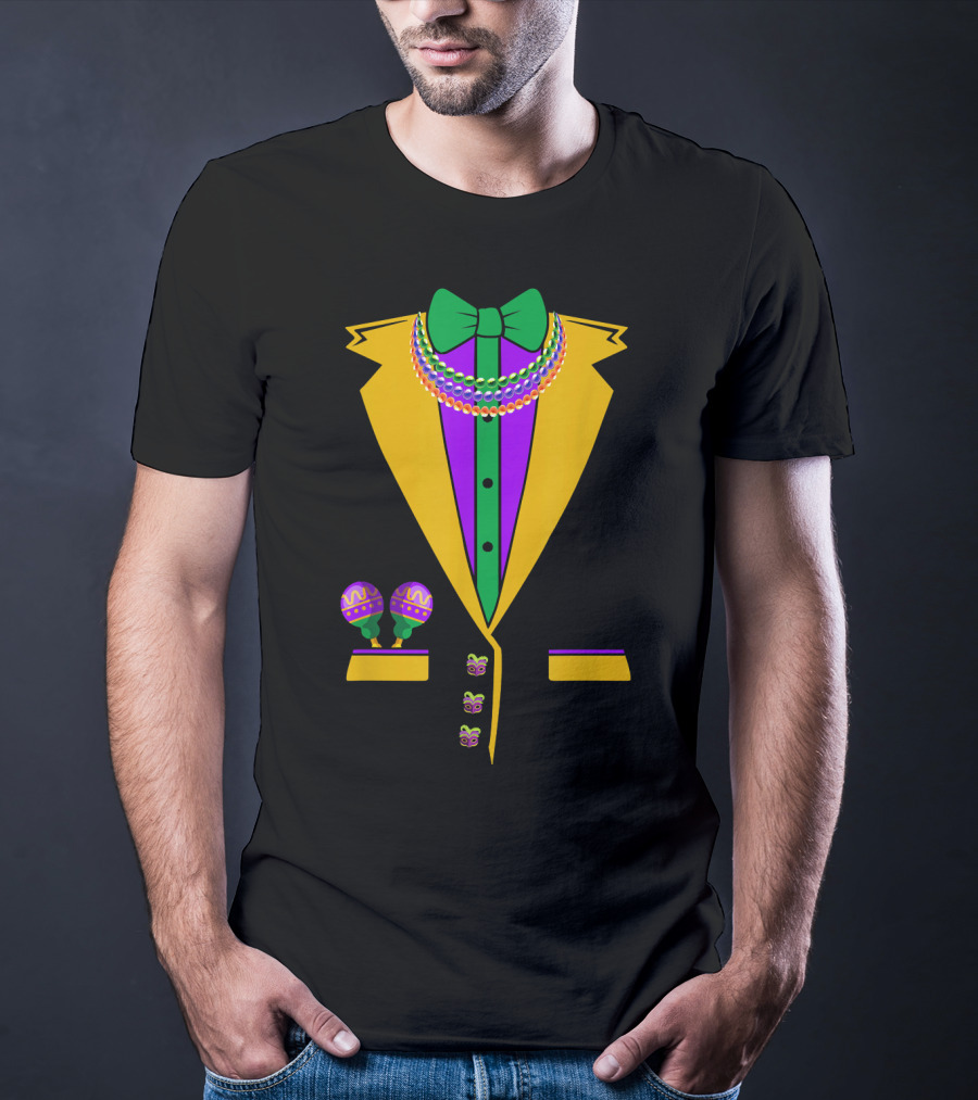 Tuxedo Vest Mardi Gras Beads Bowtie Maracas Costume T-Shirt