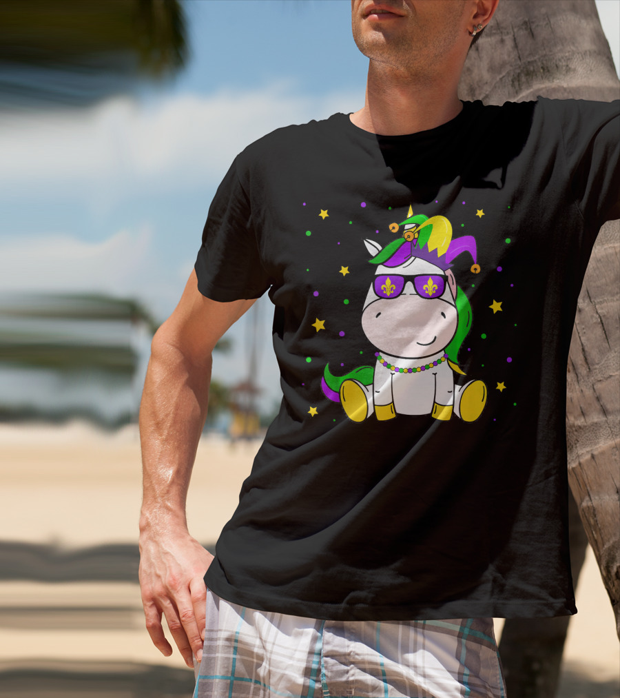Mardi Gras Unicorn Kids Carnival Festival Jester Fleur-De-Lis Beads T-Shirt