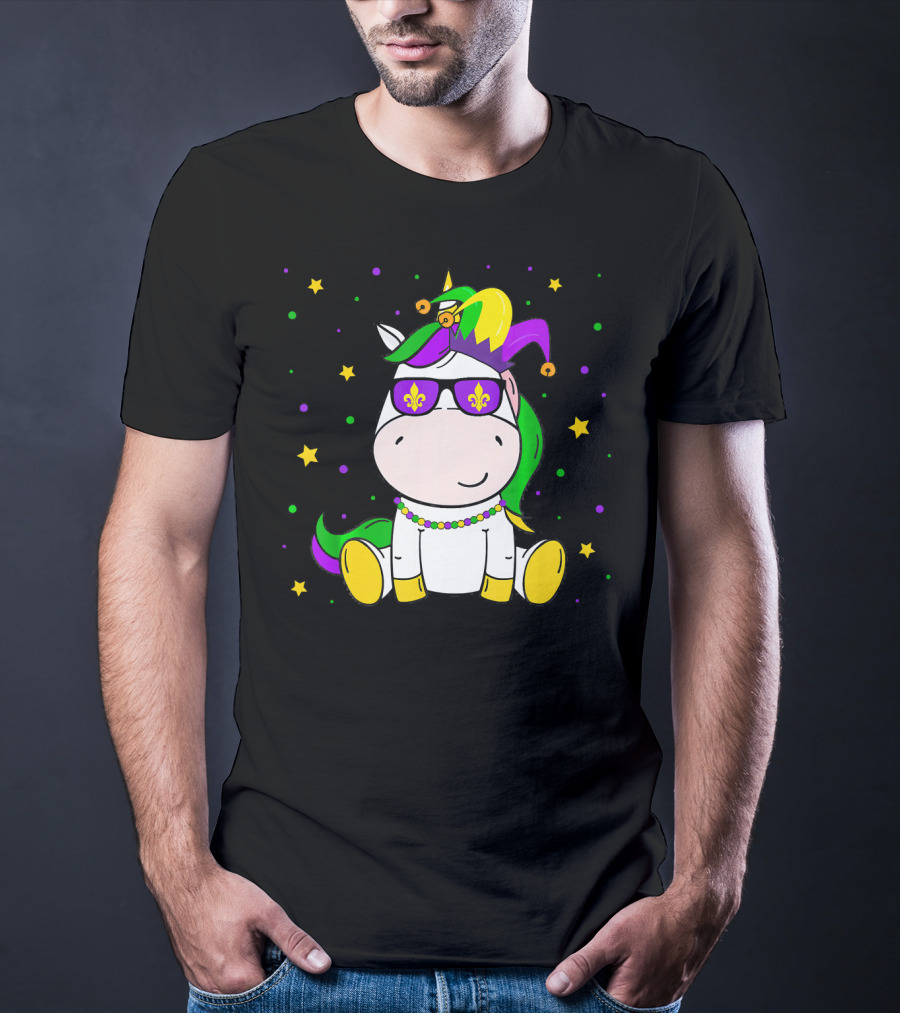 Mardi Gras Unicorn Kids Carnival Festival Jester Fleur-De-Lis Beads T-Shirt