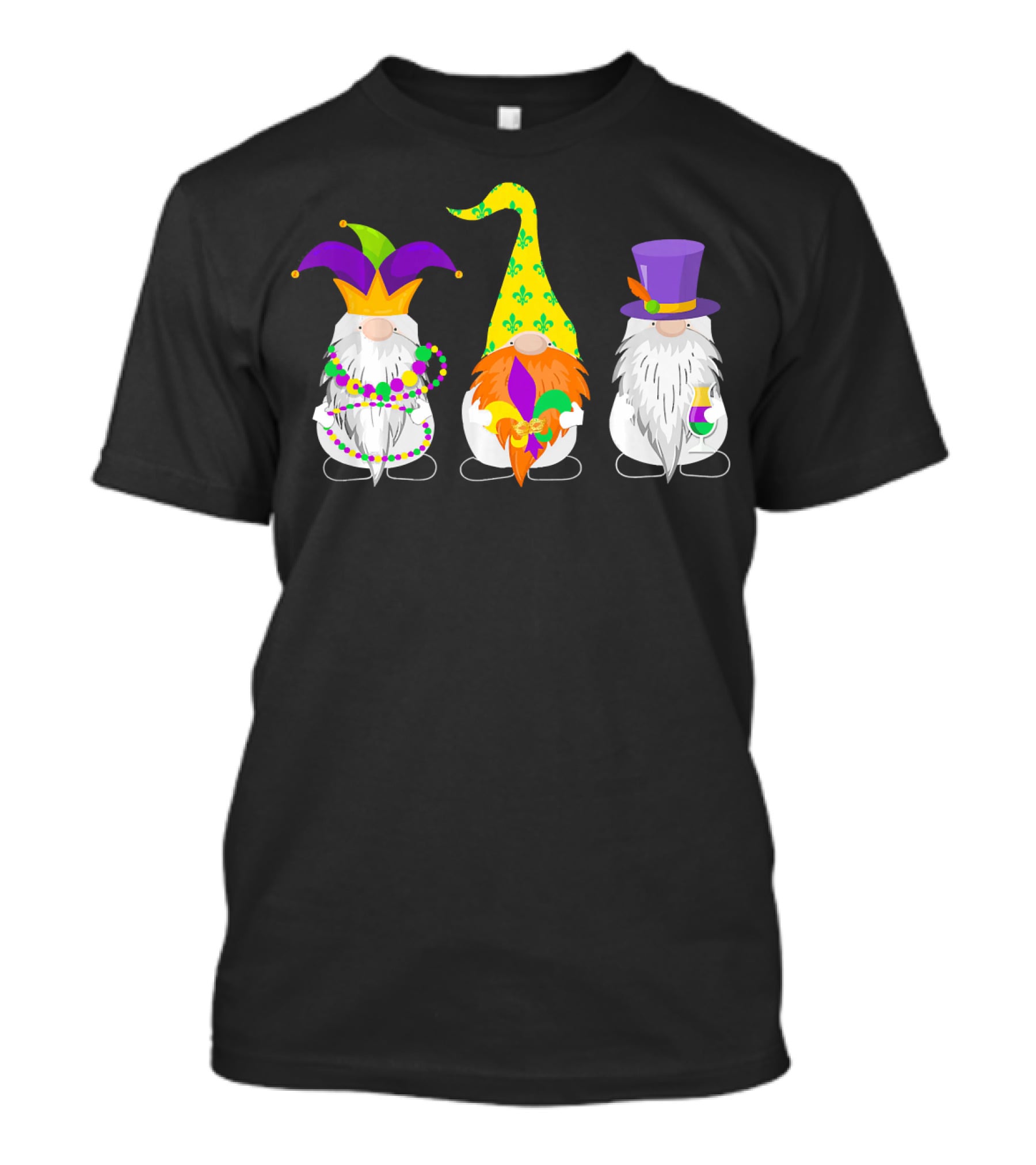 Cute Nordic Three Gnomes Mardi Gras Jester Beads Hats Fleur-de-Lis T-Shirt