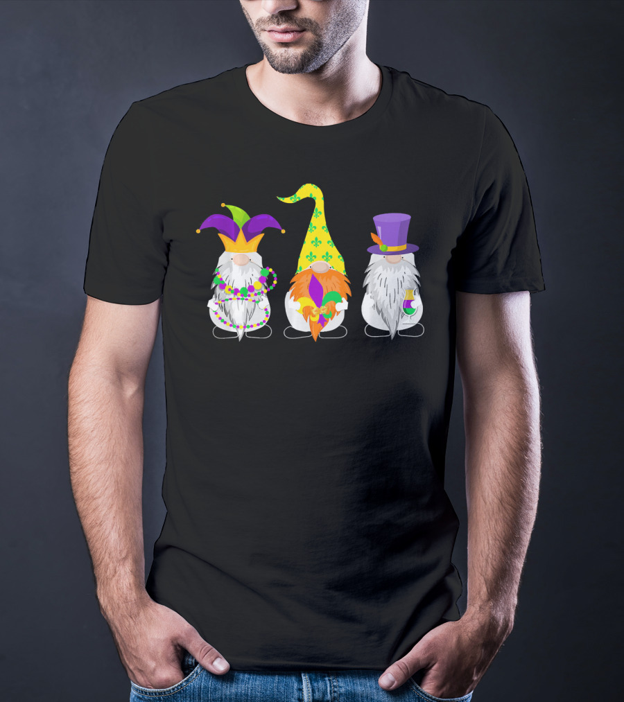 Cute Nordic Three Gnomes Mardi Gras Jester Beads Hats Fleur-de-Lis T-Shirt
