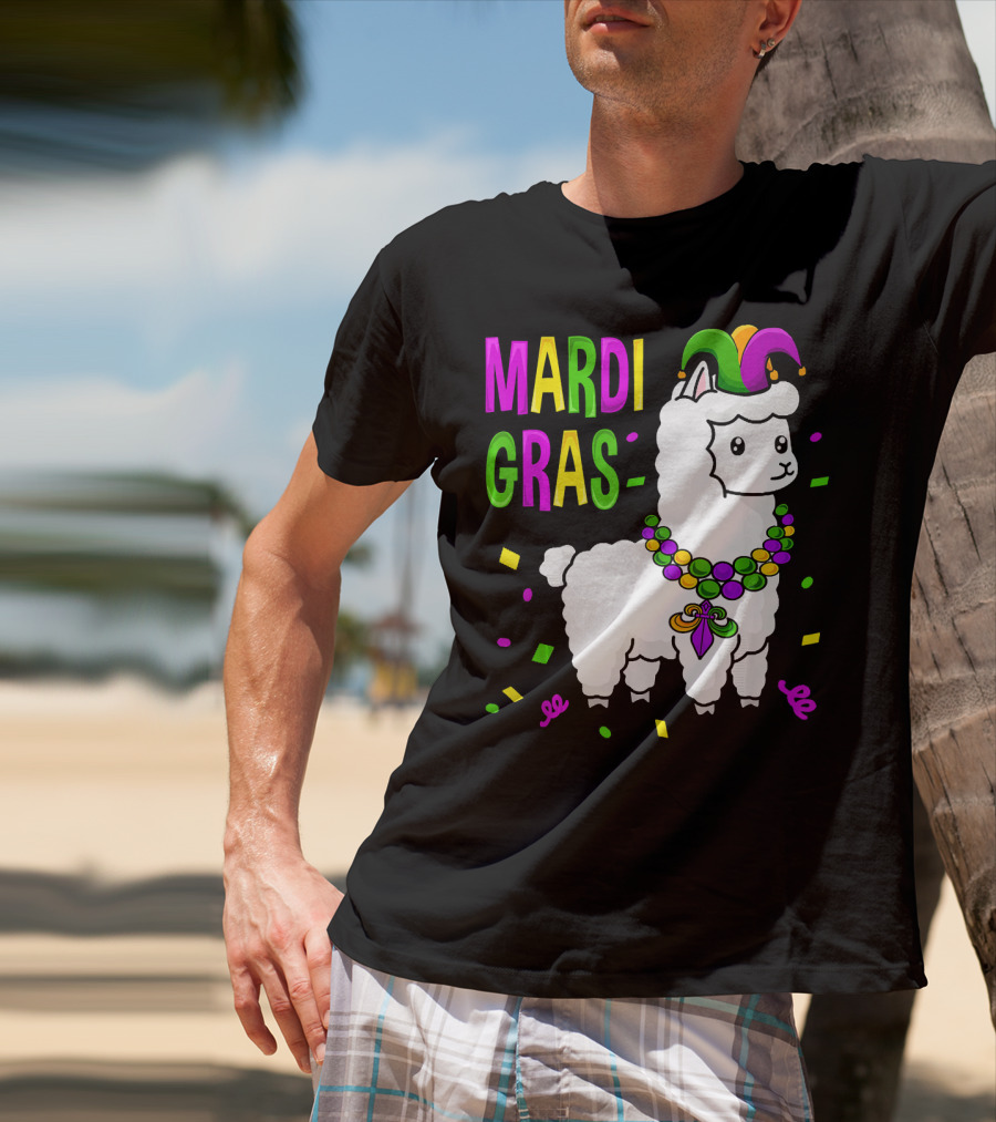 Mardi Gras Llama Jester New Orleans Beads Confetti T-Shirt